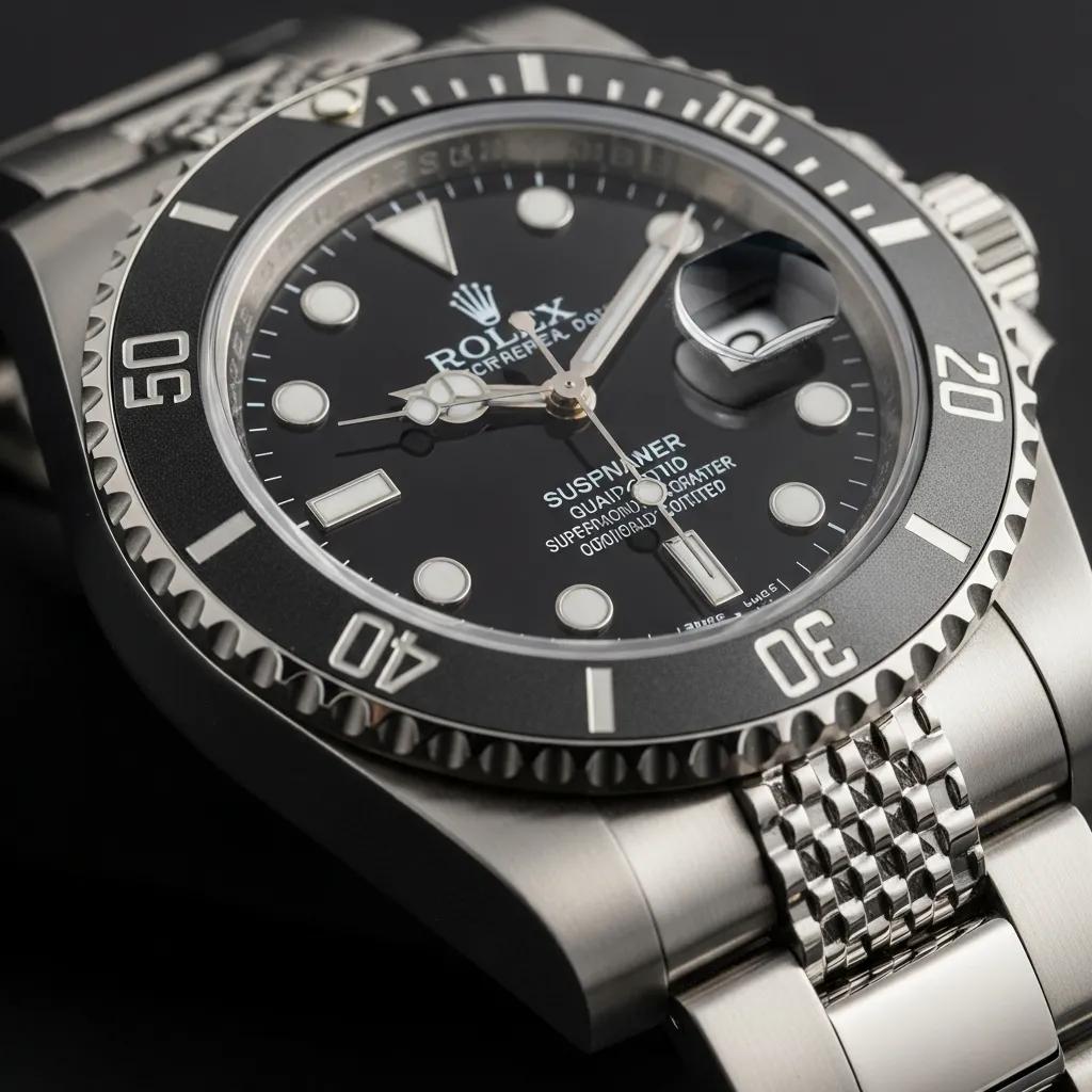 Close-up of a high-quality fake Rolex Submariner showcasing intricate details