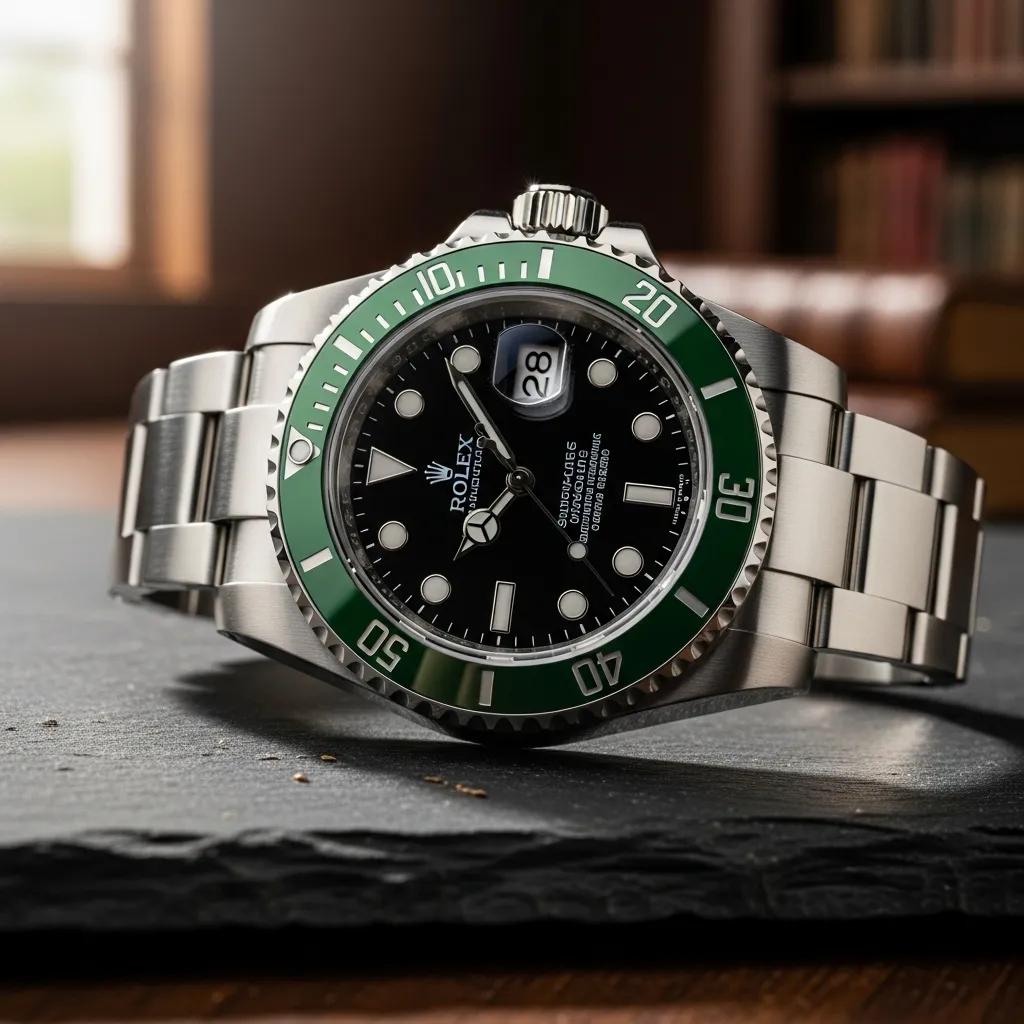 Close-up of a high-quality fake Rolex watch, highlighting intricate details and craftsmanship