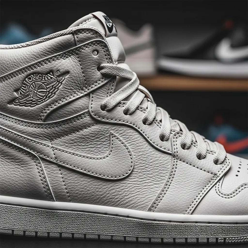 Close-up of a high-quality Jordan 1 High replica sneaker, showcasing premium materials and craftsmanship