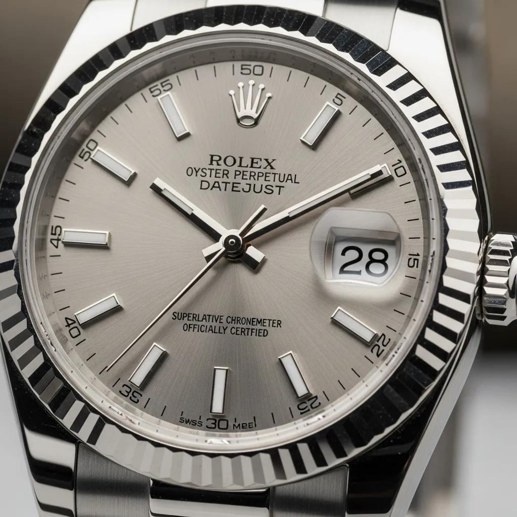 Close-up of a high-quality replica Rolex Datejust watch showcasing craftsmanship