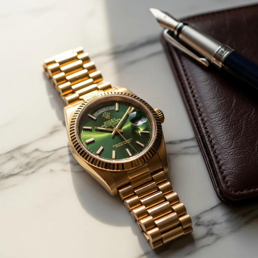 Close-up of a high-quality replica Rolex Day Date watch on a marble surface, emphasizing luxury and craftsmanship