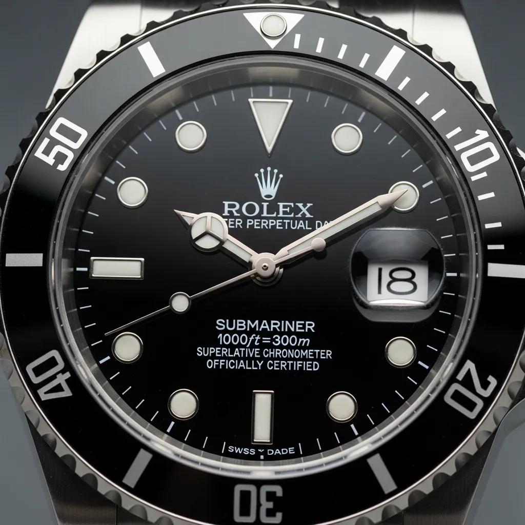 Close-up of a high-quality replica Rolex Submariner watch, highlighting intricate details and craftsmanship