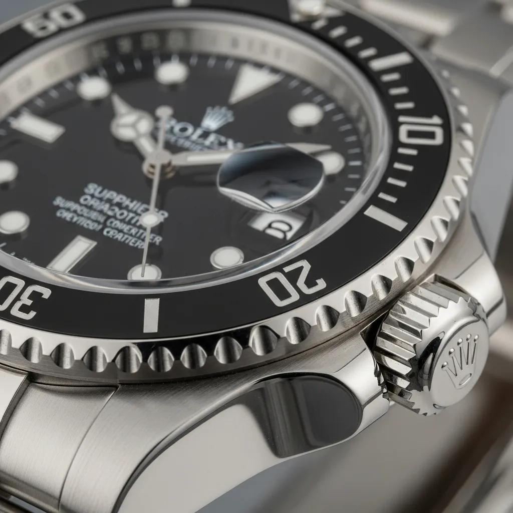 Close-up of a high-quality replica Rolex watch highlighting craftsmanship and materials