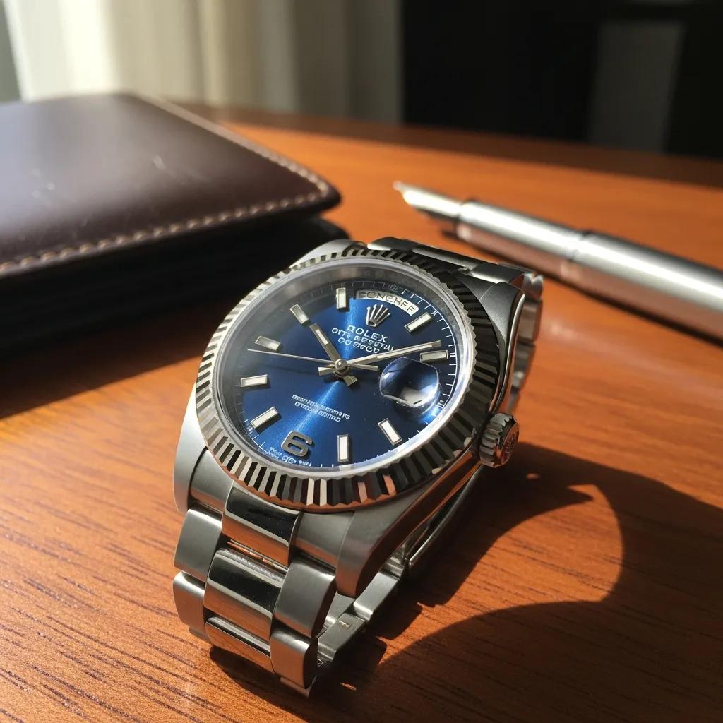 Close-up of a high-quality replica Rolex watch on a wooden surface, highlighting its craftsmanship and luxury appeal