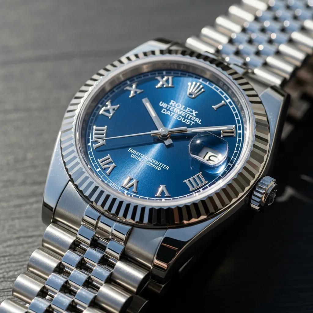 Close-up of a high-quality replica Rolex watch showcasing detailed craftsmanship