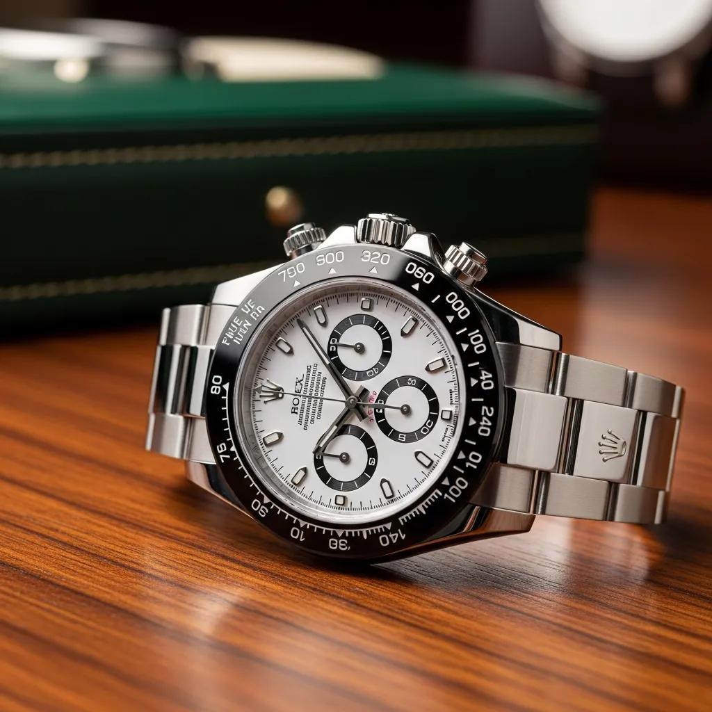 Close-up of a high-quality replica Rolex watch showcasing detailed craftsmanship and luxury