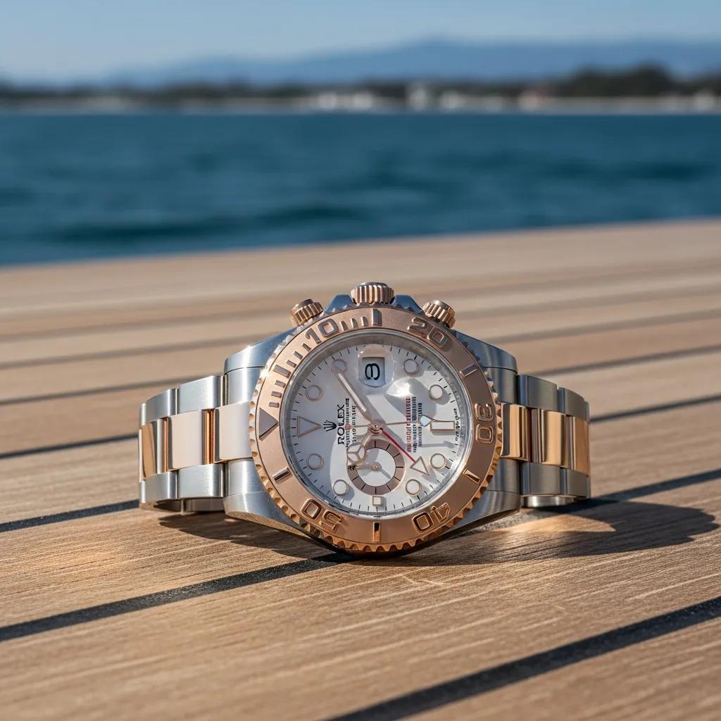 Close-up of a high-quality replica Rolex Yacht Master watch on a yacht deck, highlighting luxury and craftsmanship