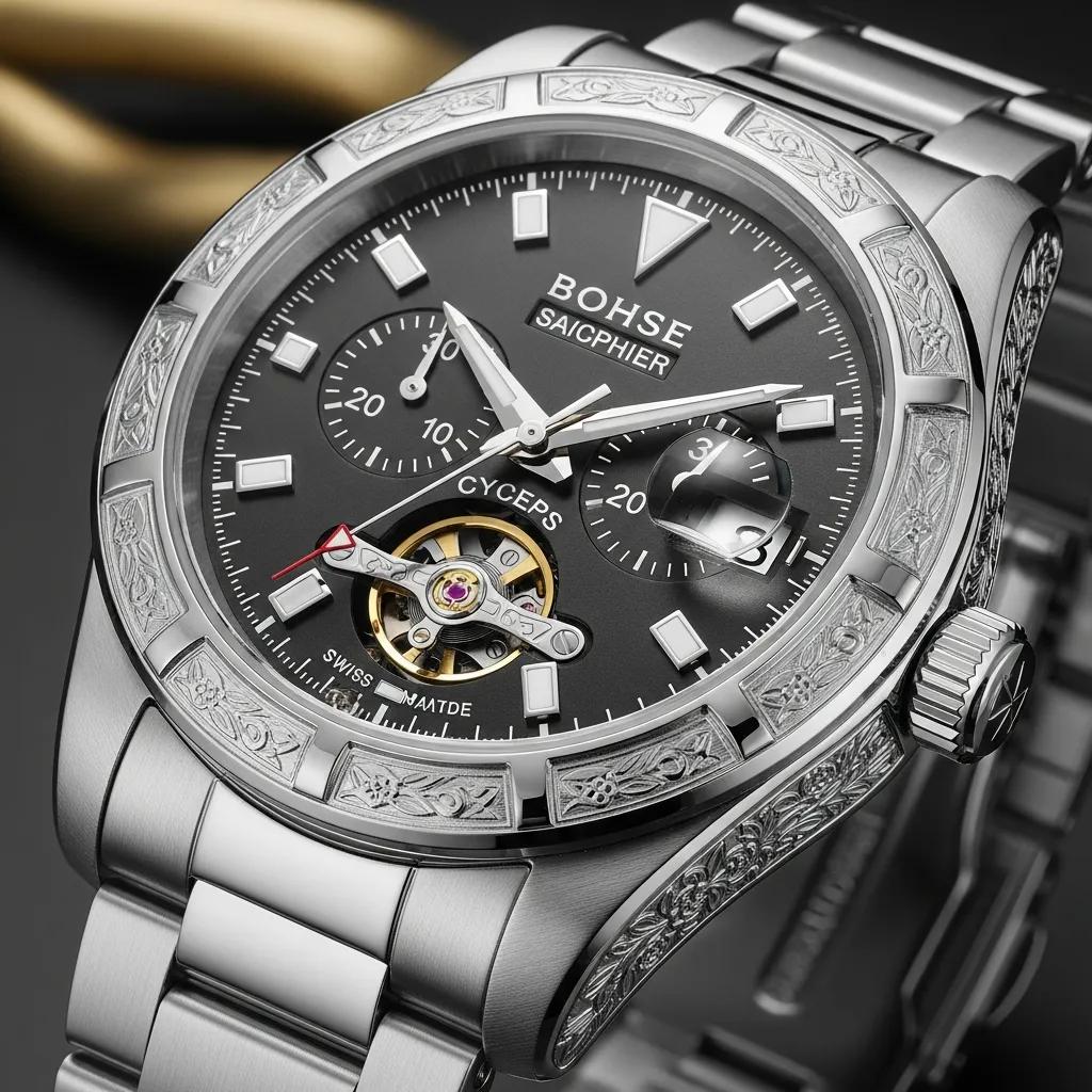 Close-up of a high-quality replica watch highlighting detailed craftsmanship and materials