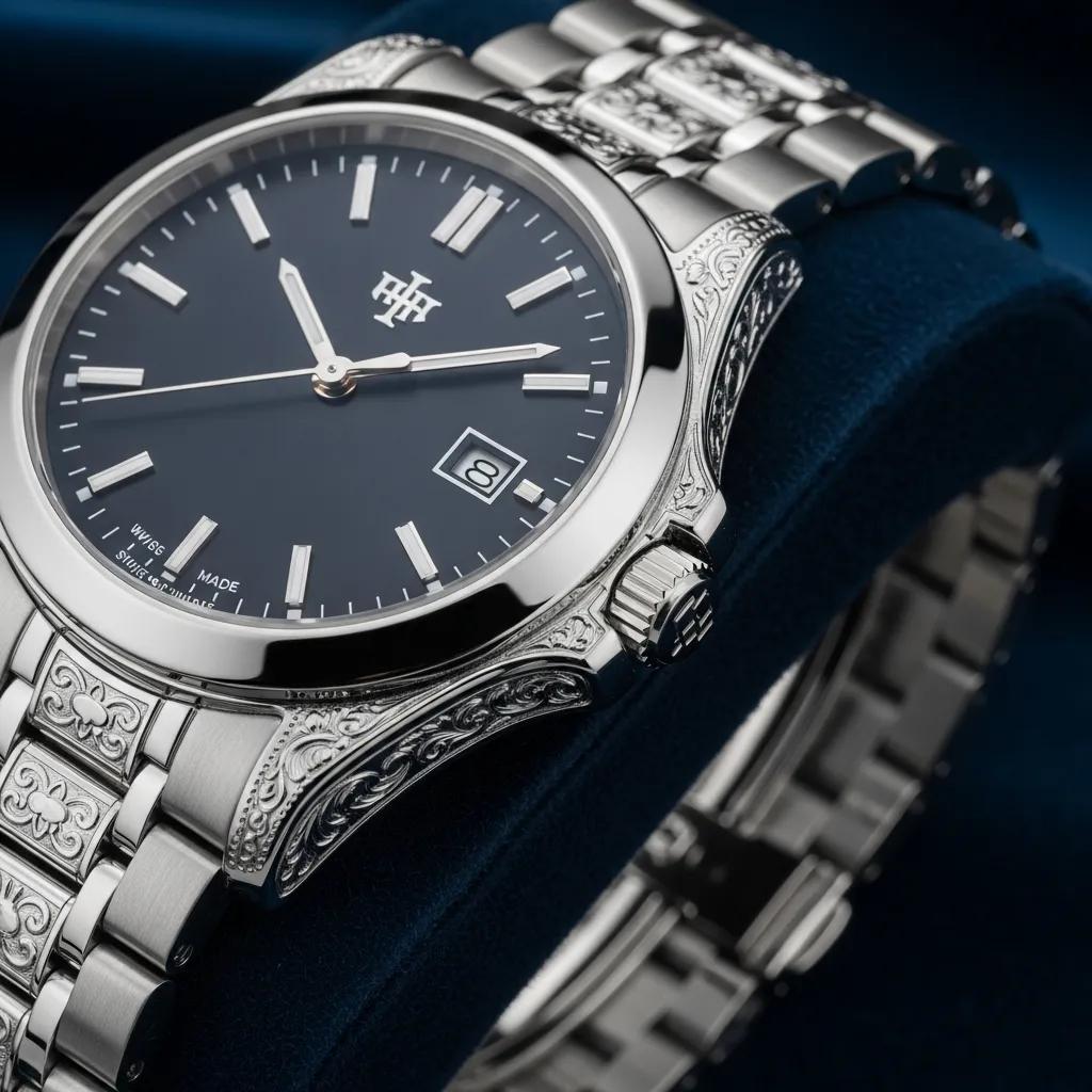 Close-up of a high-quality replica watch highlighting logo and craftsmanship details