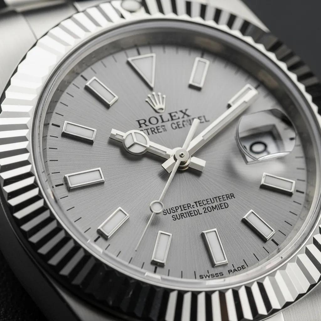 Close-up of a high-quality Rolex replica watch showcasing 904L stainless steel and precision movement