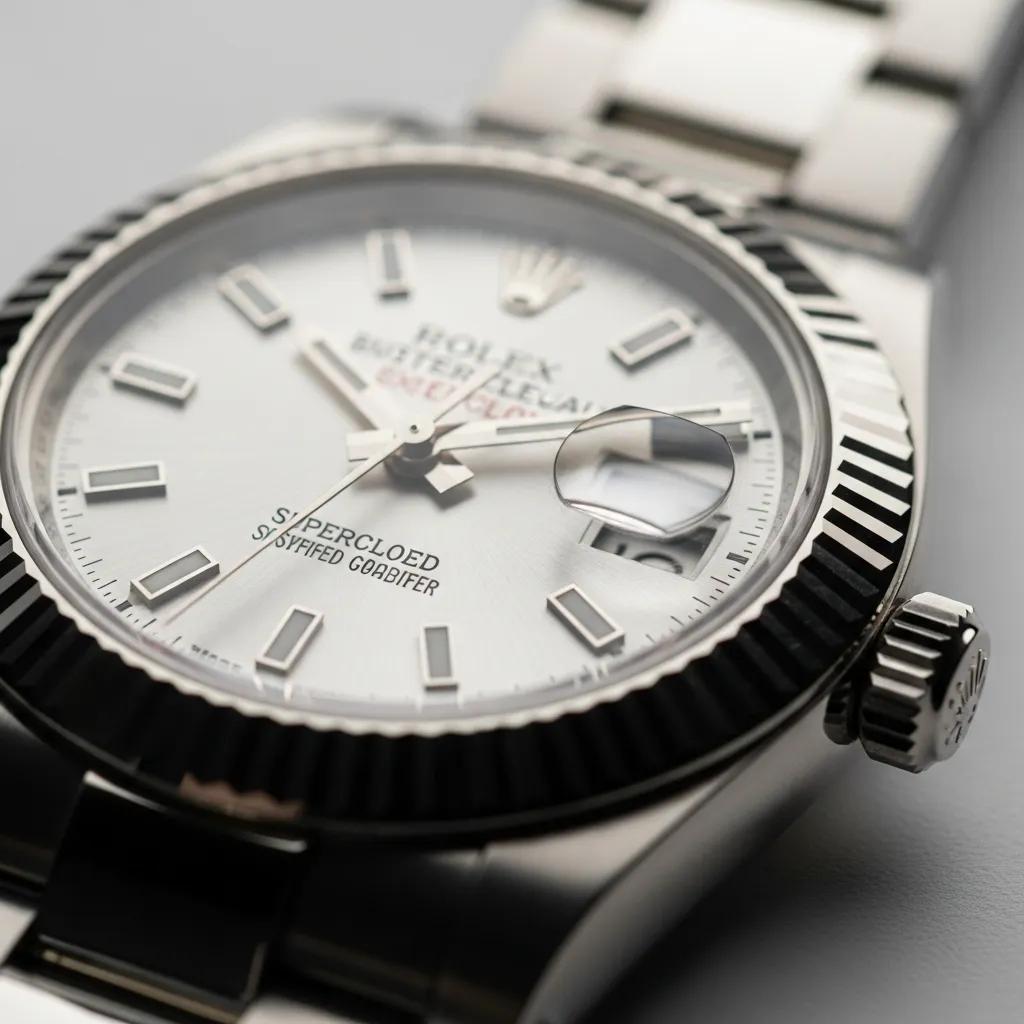 Close-up of a high-quality Rolex superclone watch dial, showcasing accurate logo and craftsmanship details