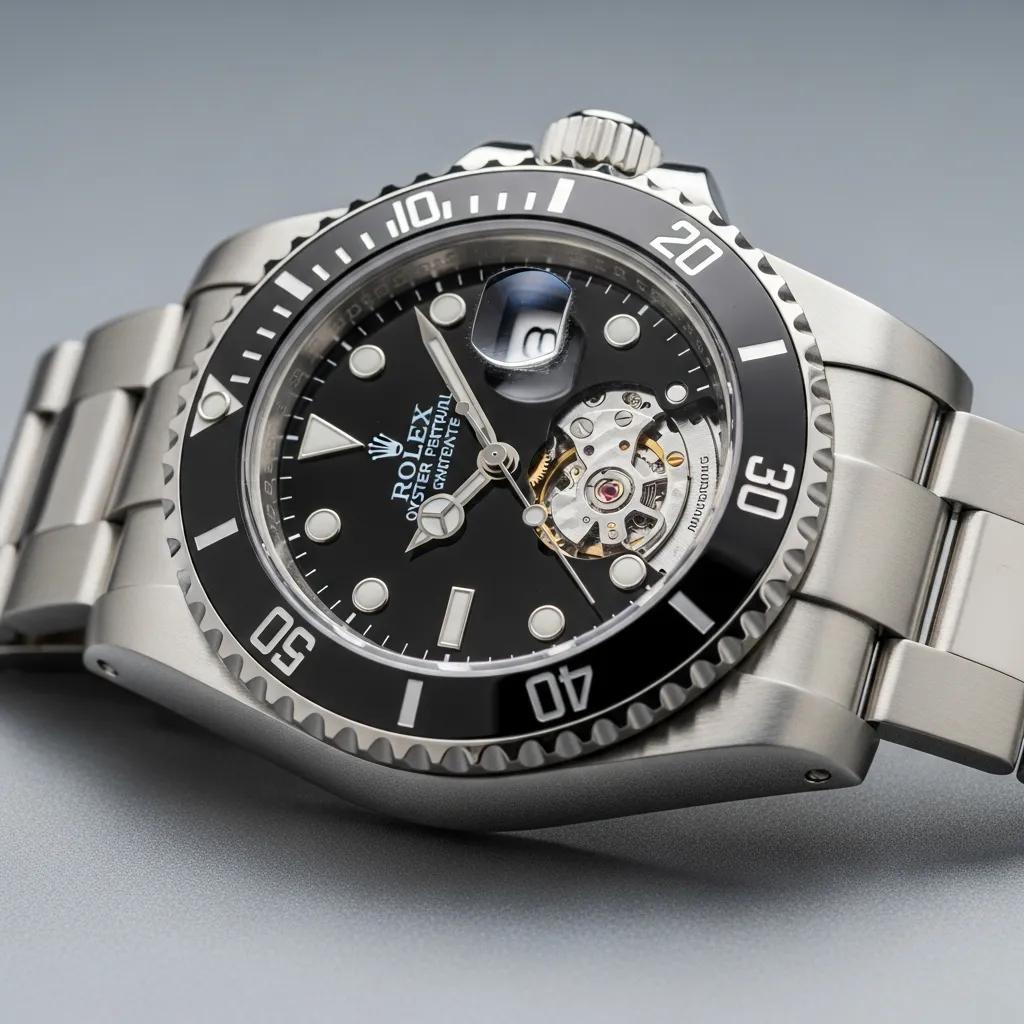 Close-up of a replica Rolex Submariner watch, highlighting its craftsmanship and features
