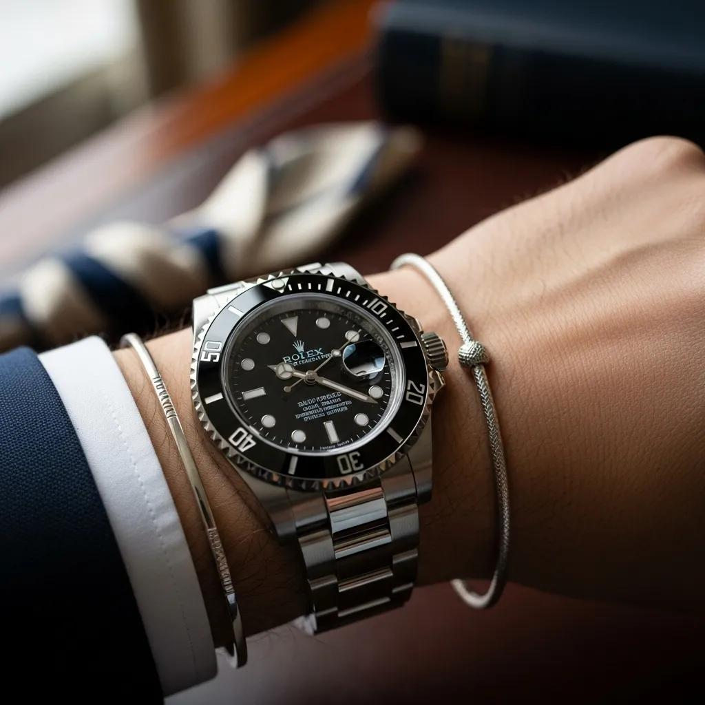 Close-up of a replica Rolex watch on a wrist, emphasizing luxury and sophistication