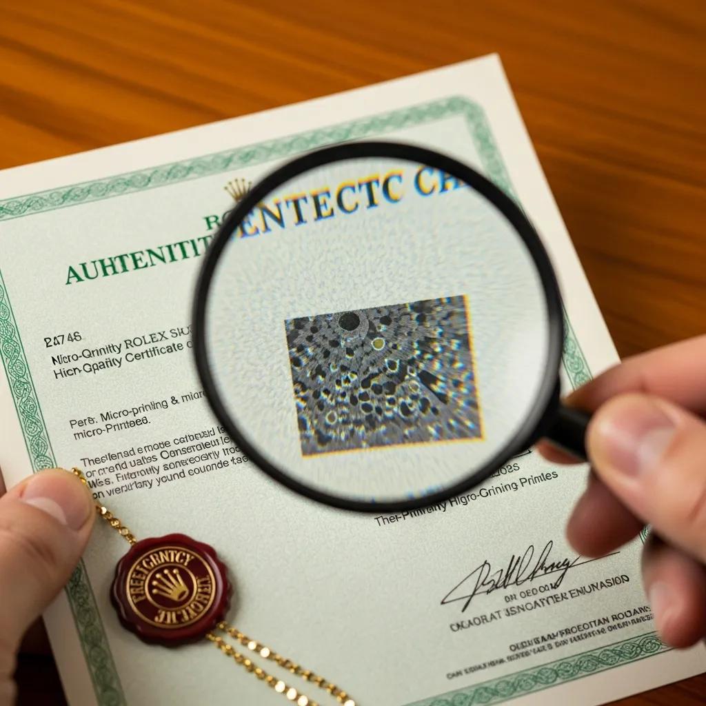 Close-up of a Rolex authenticity certificate being examined with a magnifying glass