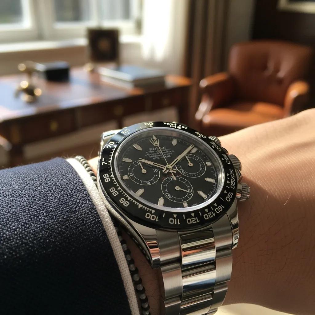 Close-up of a Rolex clone watch on a wrist, emphasizing luxury and craftsmanship