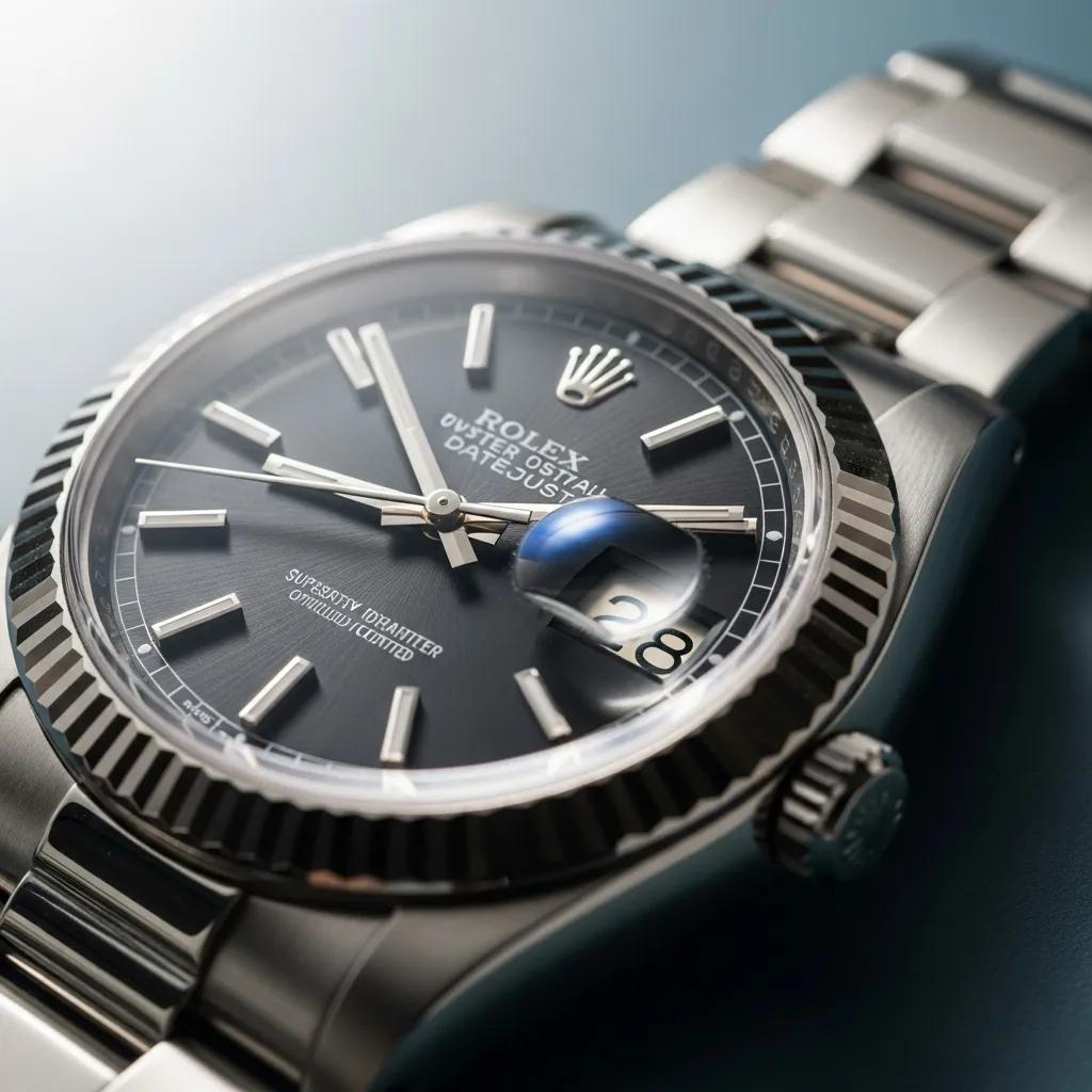 Close-up of a Rolex watch with Cyclops lens magnifying the date display