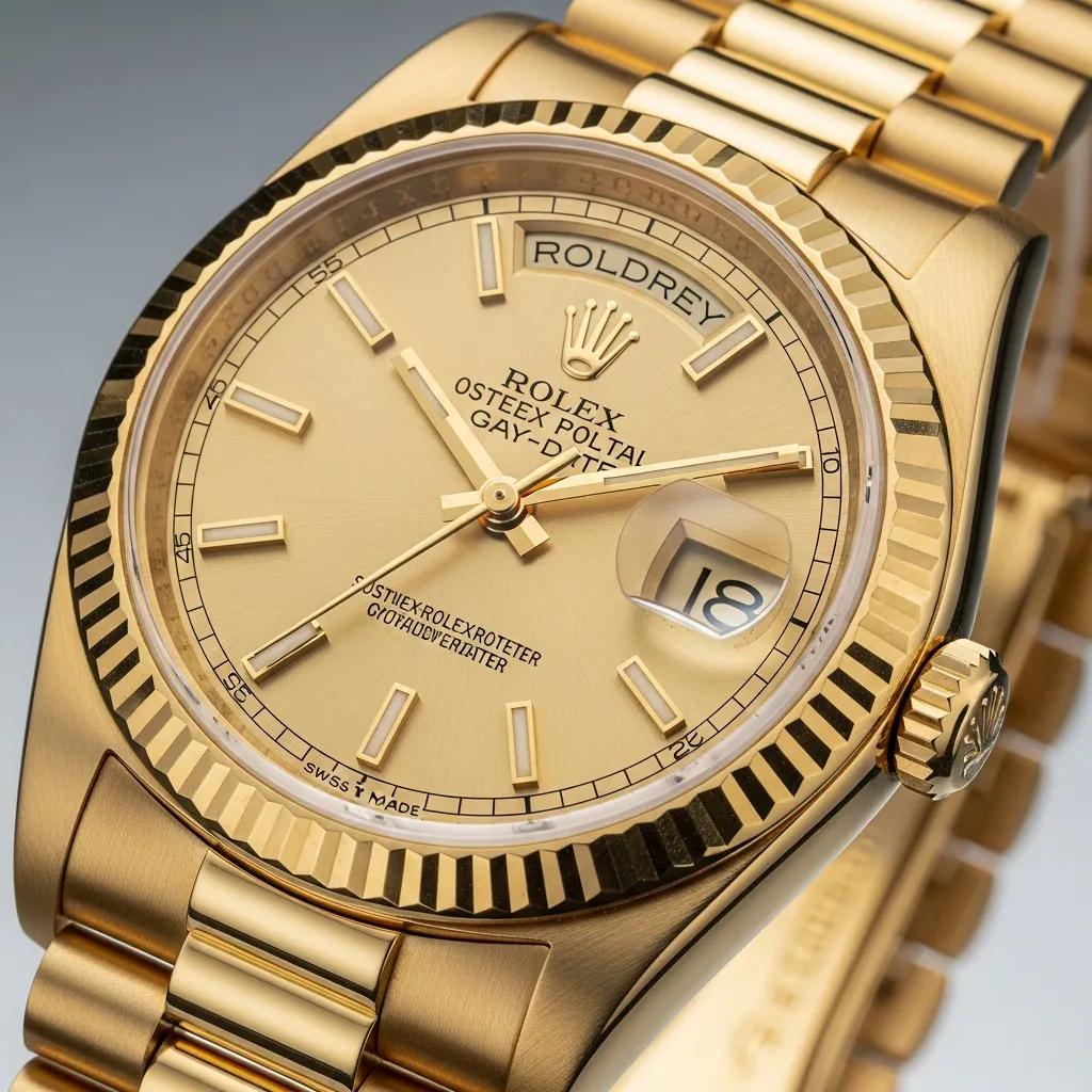 Close-up of authentic Rolex gold watch highlighting key authentication features