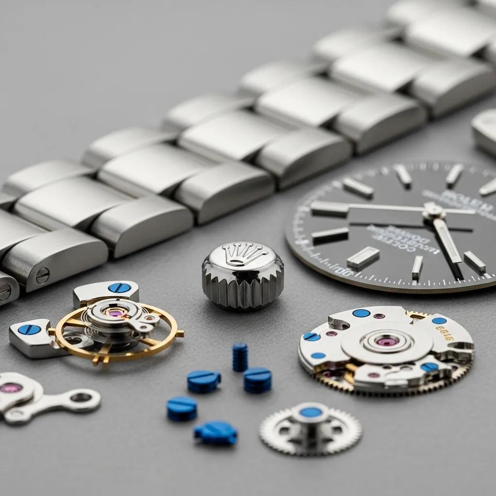 Close-up of authentic Rolex watch parts highlighting quality and craftsmanship