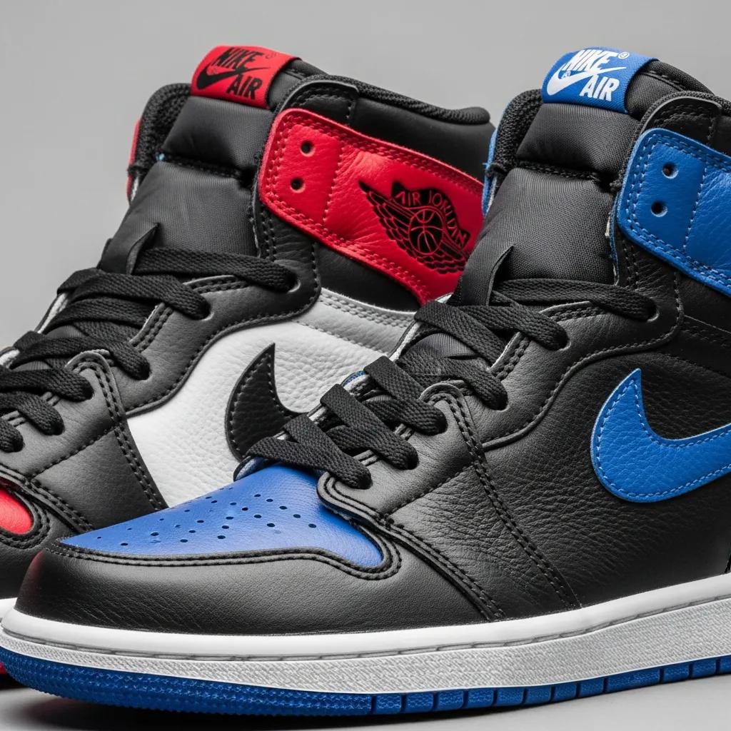 Close-up of Bred AJ1 and Royal AJ1 sneakers showcasing color and craftsmanship