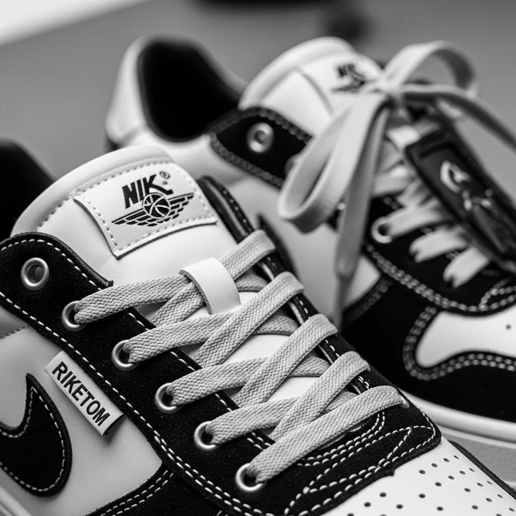 Close-up of high-quality replica sneakers highlighting stitching and branding details