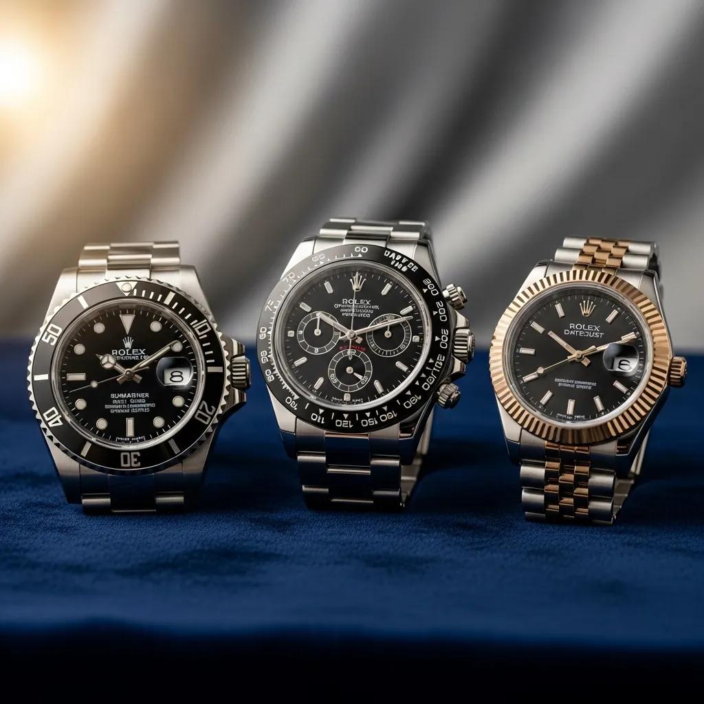Close-up of popular Rolex replica models: Submariner, Daytona, and Datejust on a plush surface