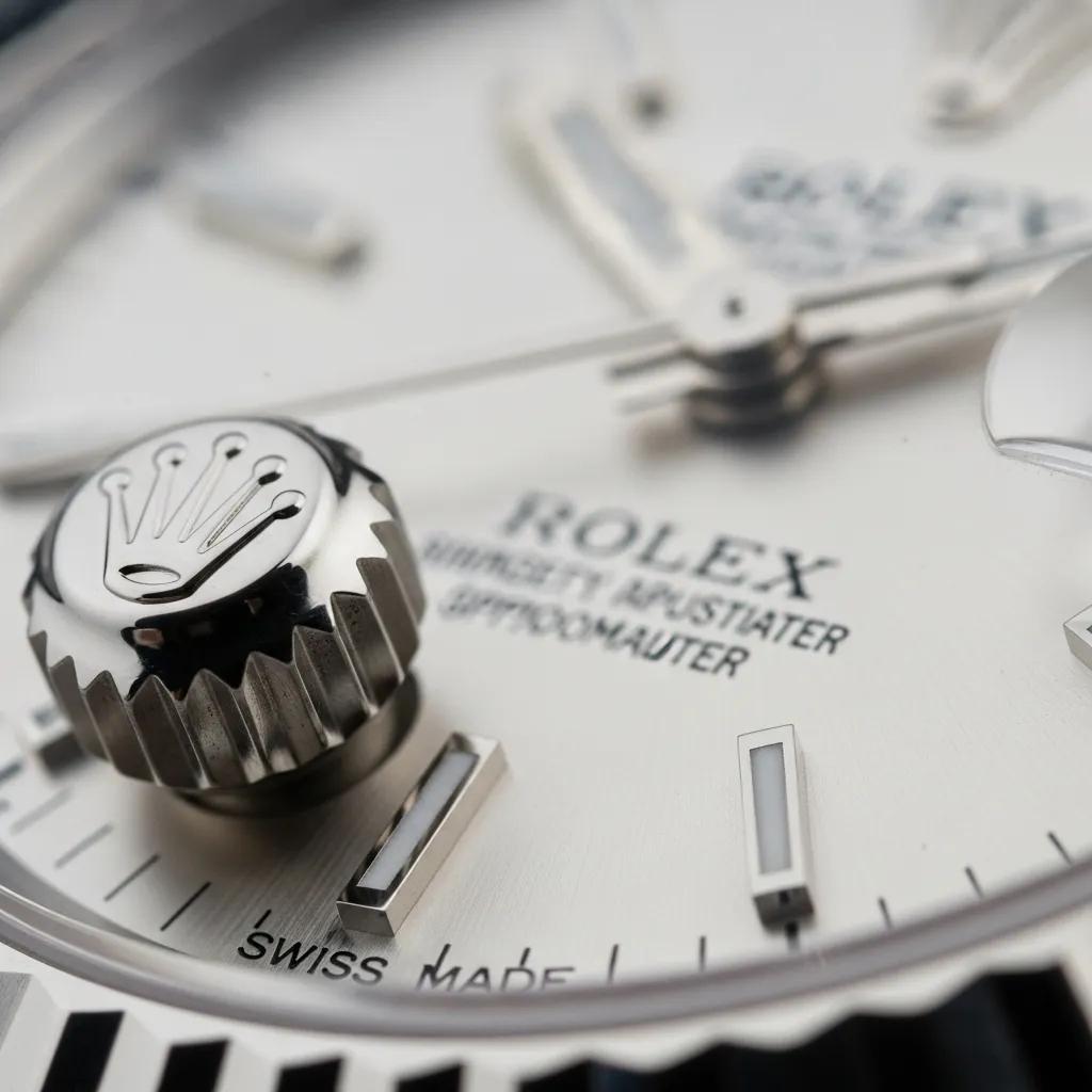 Close-up of Rolex crown logo and dial details highlighting authenticity