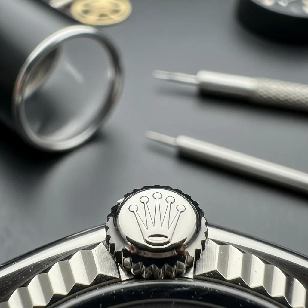 Close-up of Rolex crown logo, emphasizing detail and authenticity in watch inspection