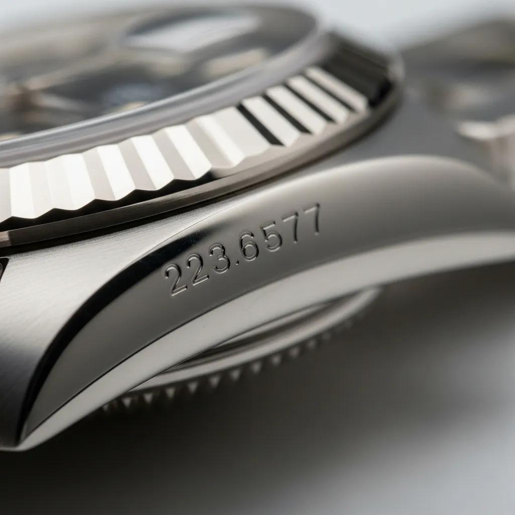 Close-up of Rolex Datejust lugs showing engraved serial number for authenticity verification