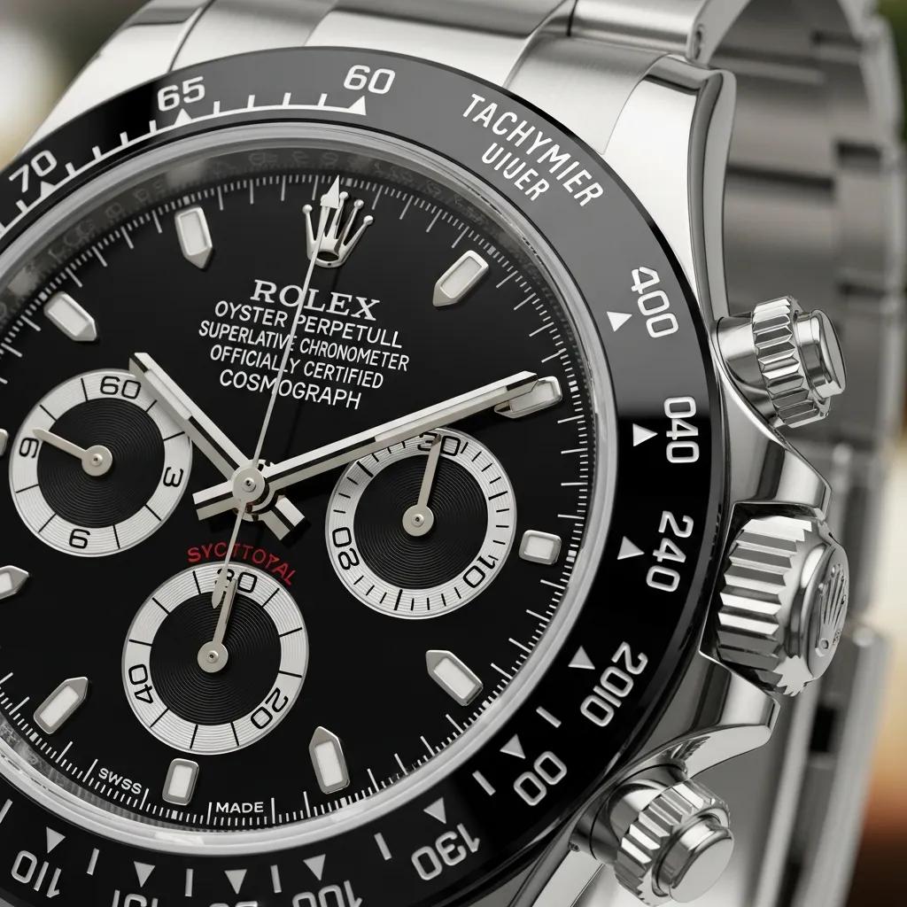 Close-up of Rolex Daytona replica watch highlighting intricate details and craftsmanship