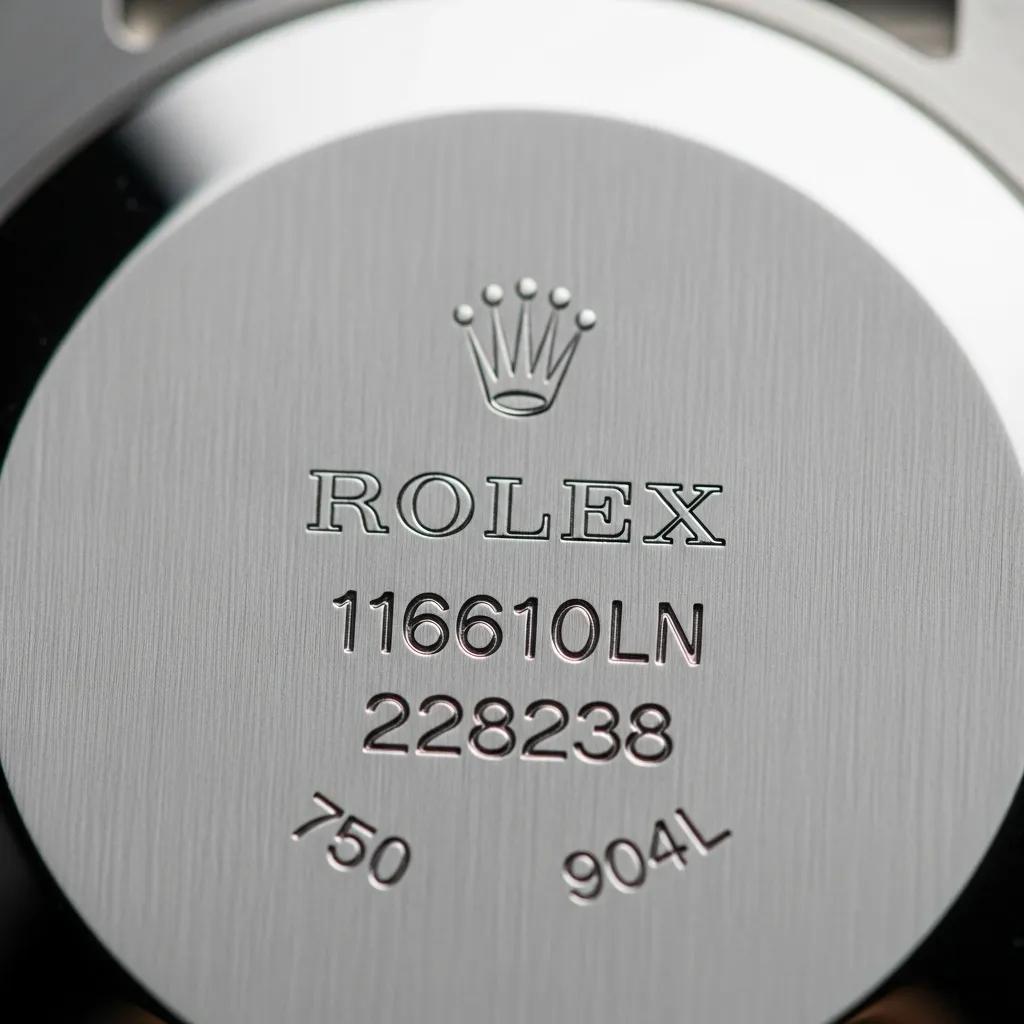 Close-up of Rolex engravings and hallmarks on a watch case, showcasing authenticity features