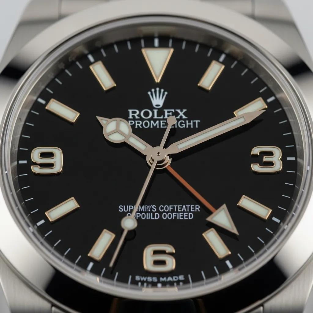 Close-up of Rolex Explorer watch dial showing authentic markers and bezel details, highlighting craftsmanship