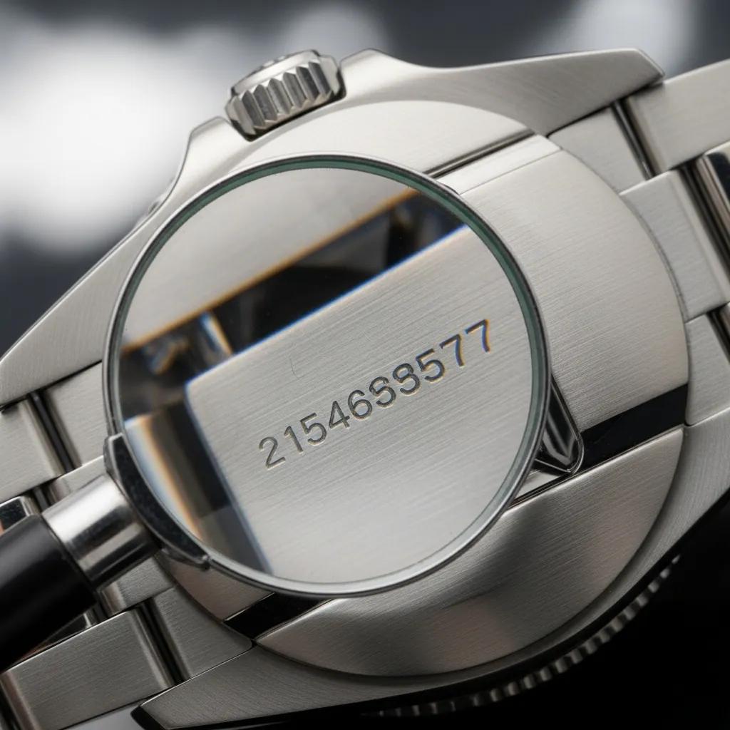 Close-up of Rolex serial number engraving with a magnifying glass, highlighting inspection importance