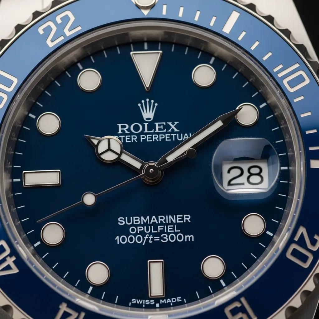 Close-up of Rolex Submariner Blue dial showing sharp printing, luminous markers, and aligned date window