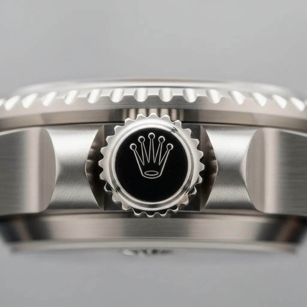 Close-up of Rolex Submariner crown and crown guards highlighting authenticity features
