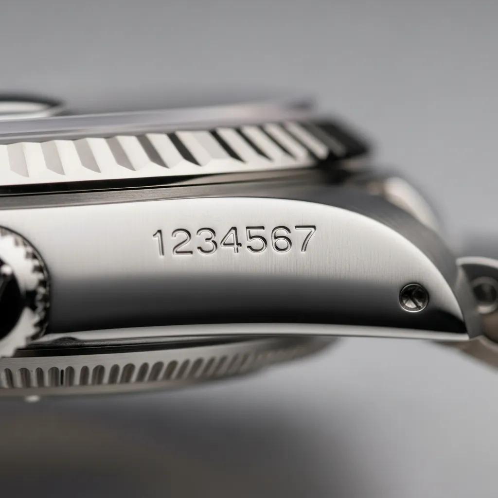 Close-up of Rolex watch case showing serial number location