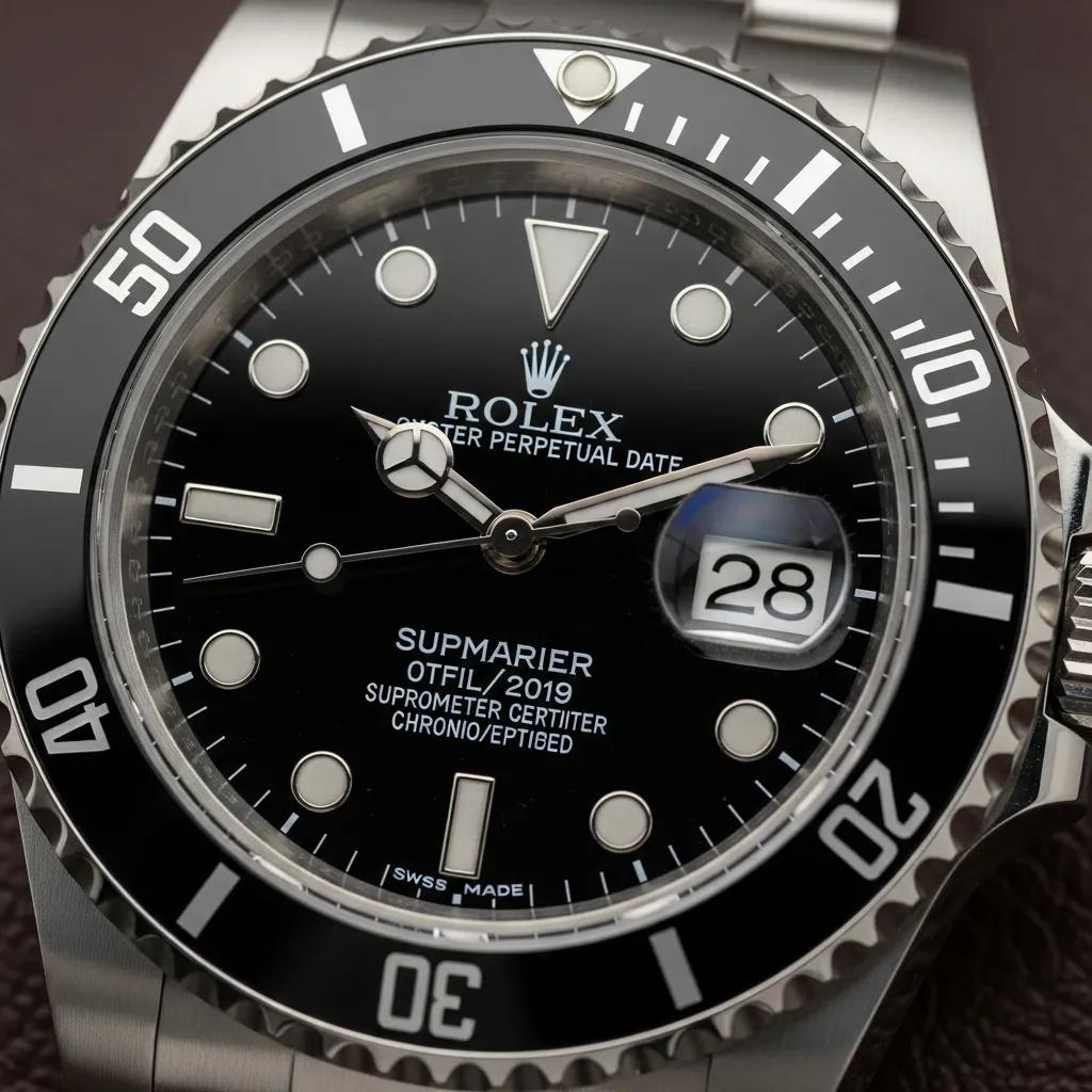 Close-up of Rolex watch dial and bezel, highlighting authenticity features