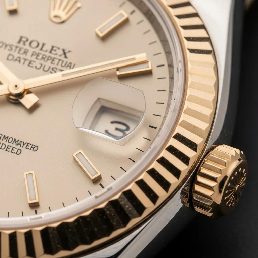 Close-up of Rolex watch dial and crown, highlighting quality and authenticity features