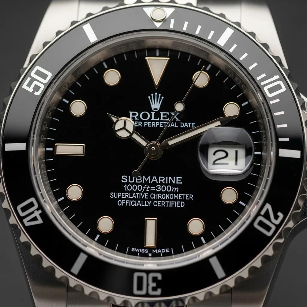 Close-up of Rolex watch dial highlighting quality printing and craftsmanship