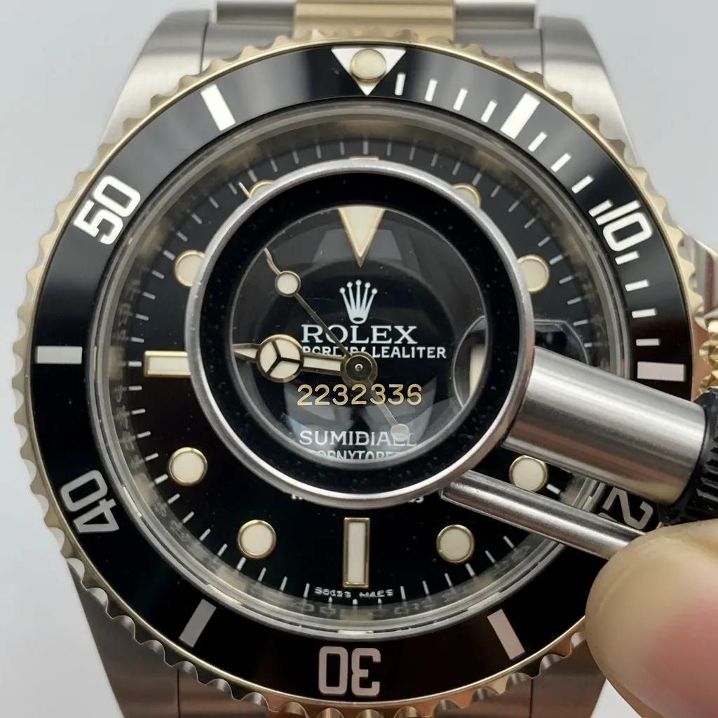 Close-up of Rolex watch inspection with magnifying glass, highlighting authenticity features