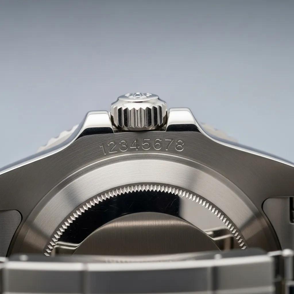 Close-up of Rolex watch serial number area, illustrating authenticity verification