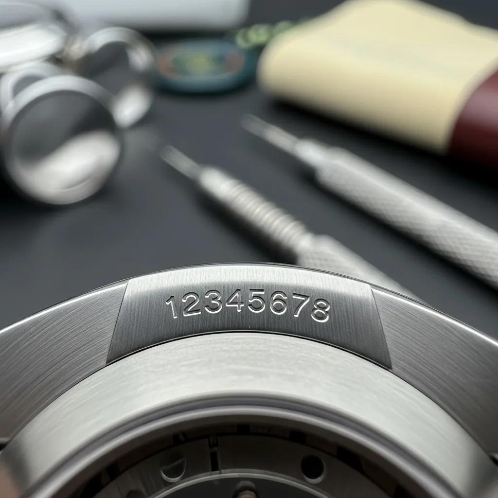 Close-up of Rolex watch serial number engraved between lugs, emphasizing authenticity