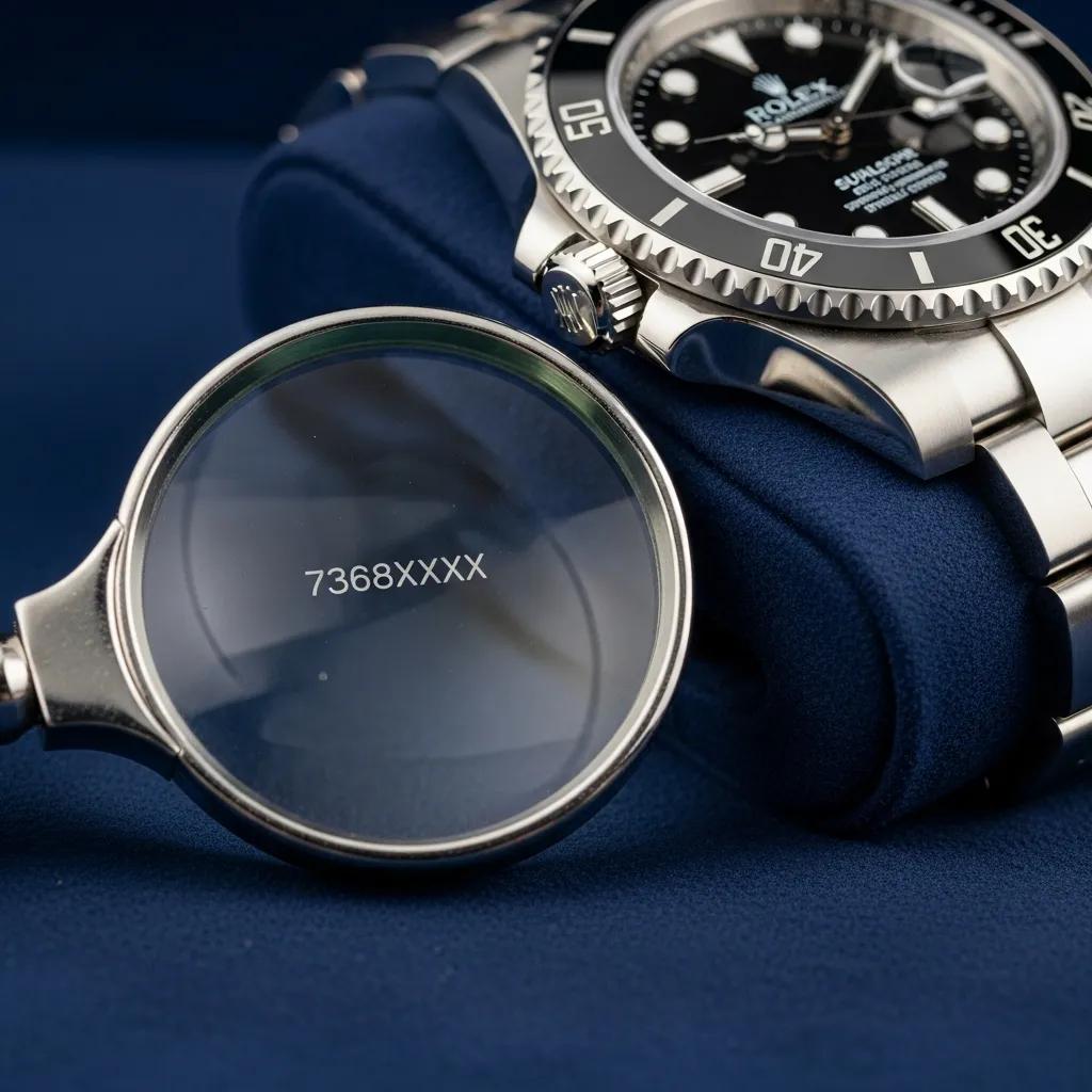 Close-up of Rolex watch serial number engraving, emphasizing authenticity indicators