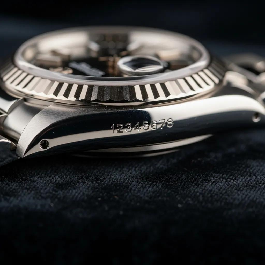 Close-up of Rolex watch showing serial number location for authenticity verification