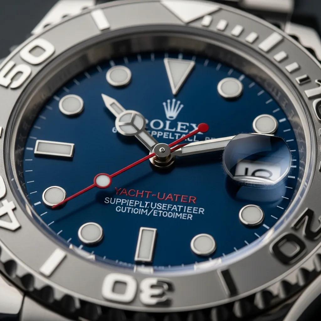 Close-up of Rolex Yacht Master watch dial and bezel showcasing authenticity features