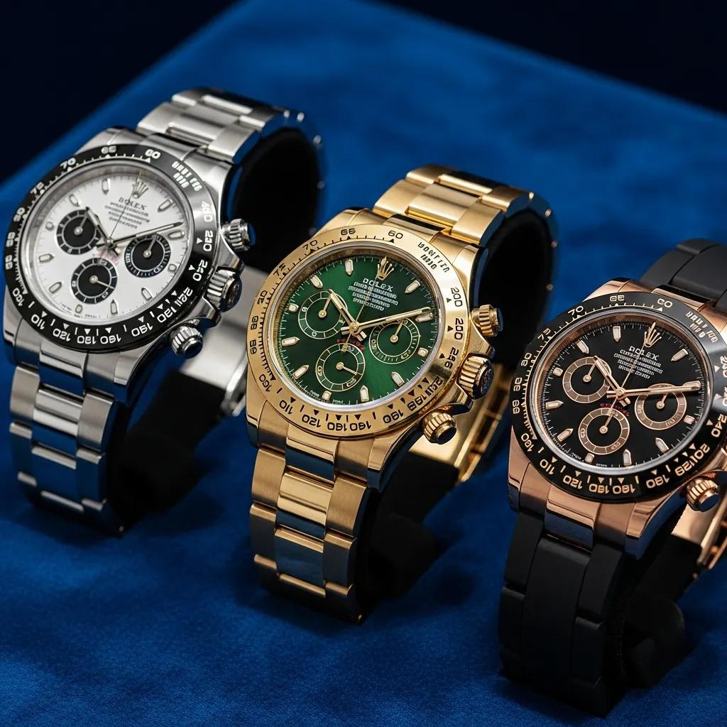 Close-up of three different high-quality replica Rolex Daytona watches on velvet