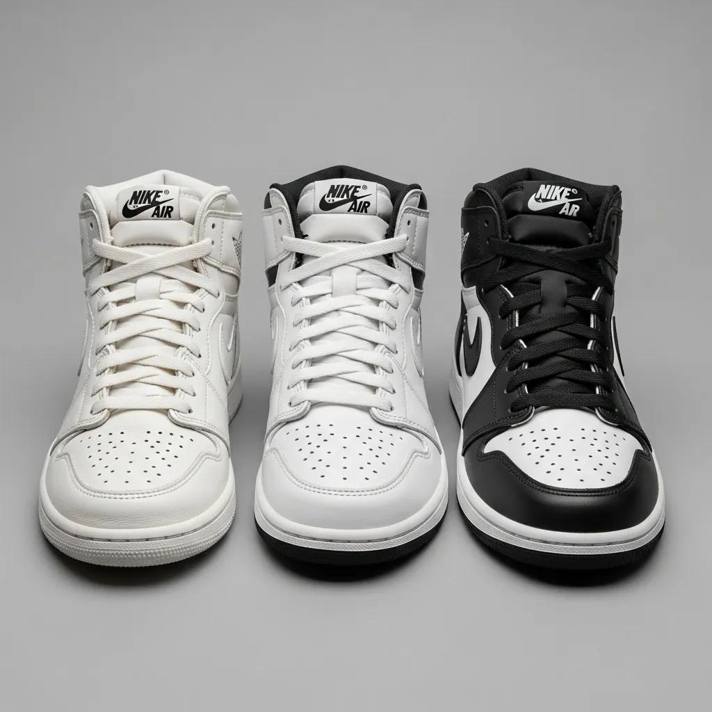 Close-up of three pairs of replica Jordan shoes showcasing different quality tiers