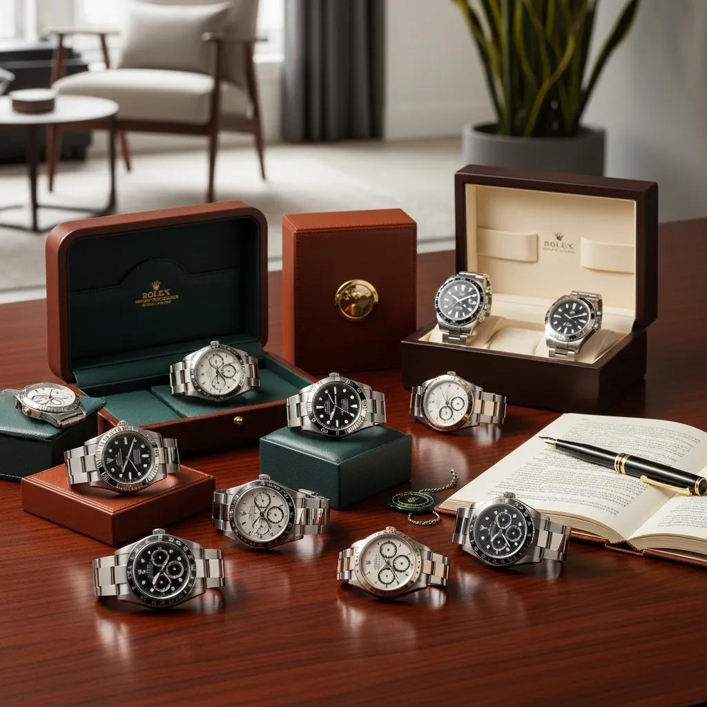 Colección de relojes Rolex baratos en una mesa de madera, destacando su diseño y calidad