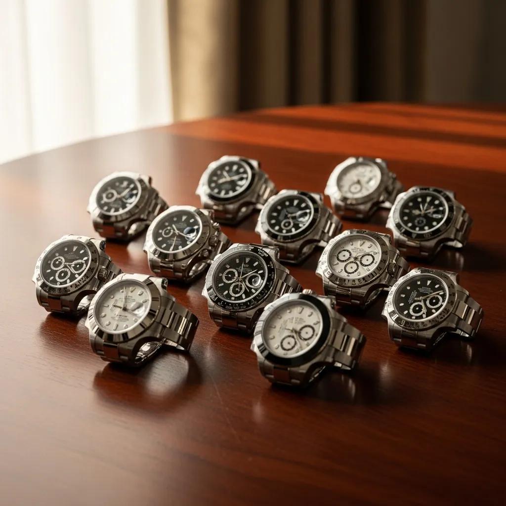 Collection of best fake Rolex watches displayed elegantly on a wooden table