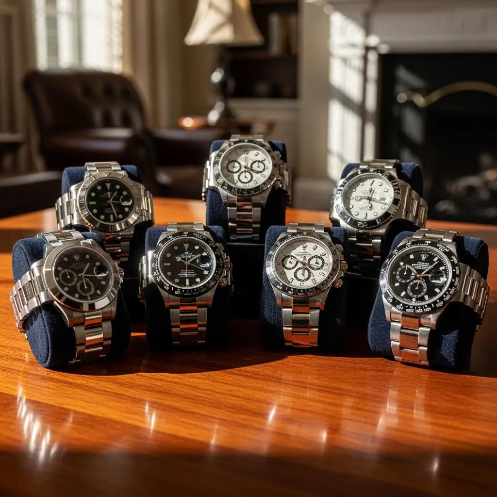 Collection of cheap fake Rolex watches displayed elegantly, emphasizing craftsmanship and luxury