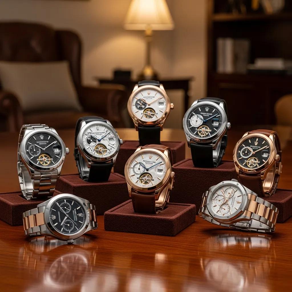 Collection of elegant replica watches displayed on a wooden table, showcasing craftsmanship and style